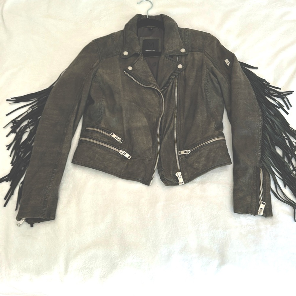 Mauritius black/gray leather jacket with fringe & zipped pockets, size M